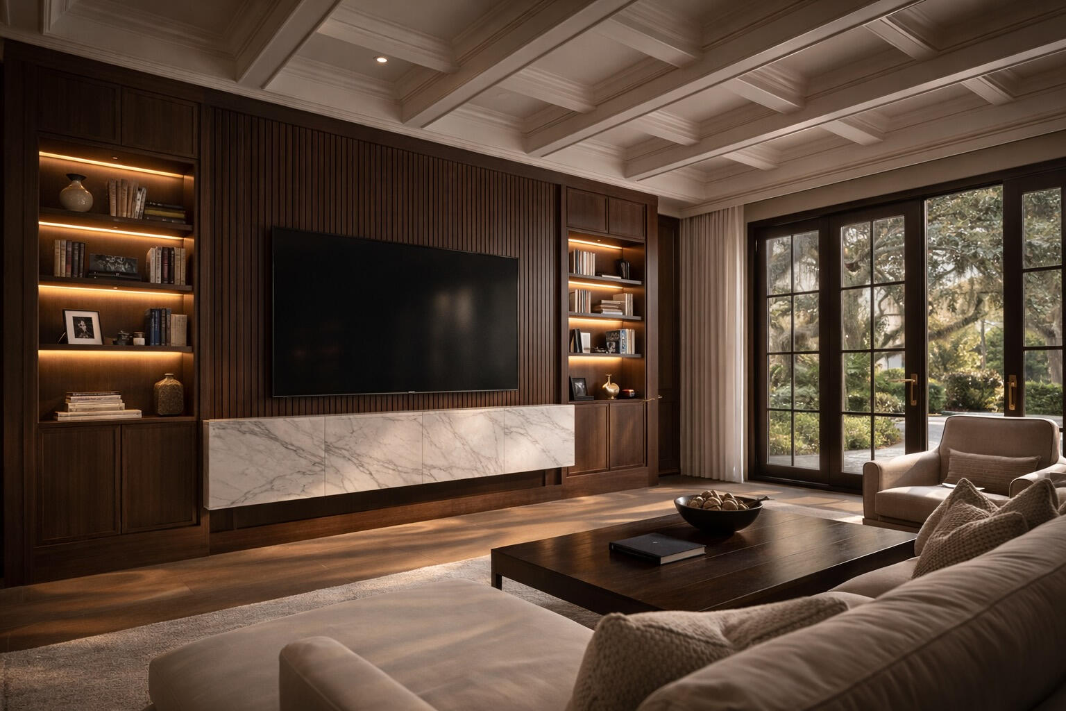 Elegant Winter Park living room with dark oak slat media wall, built in shelves, marble floating console and coffered ceiling