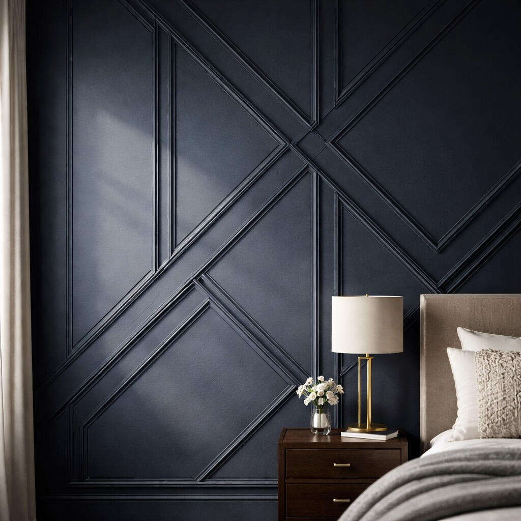 Geometric accent wall with navy blue trim molding in Winter Park bedroom with natural light shadows