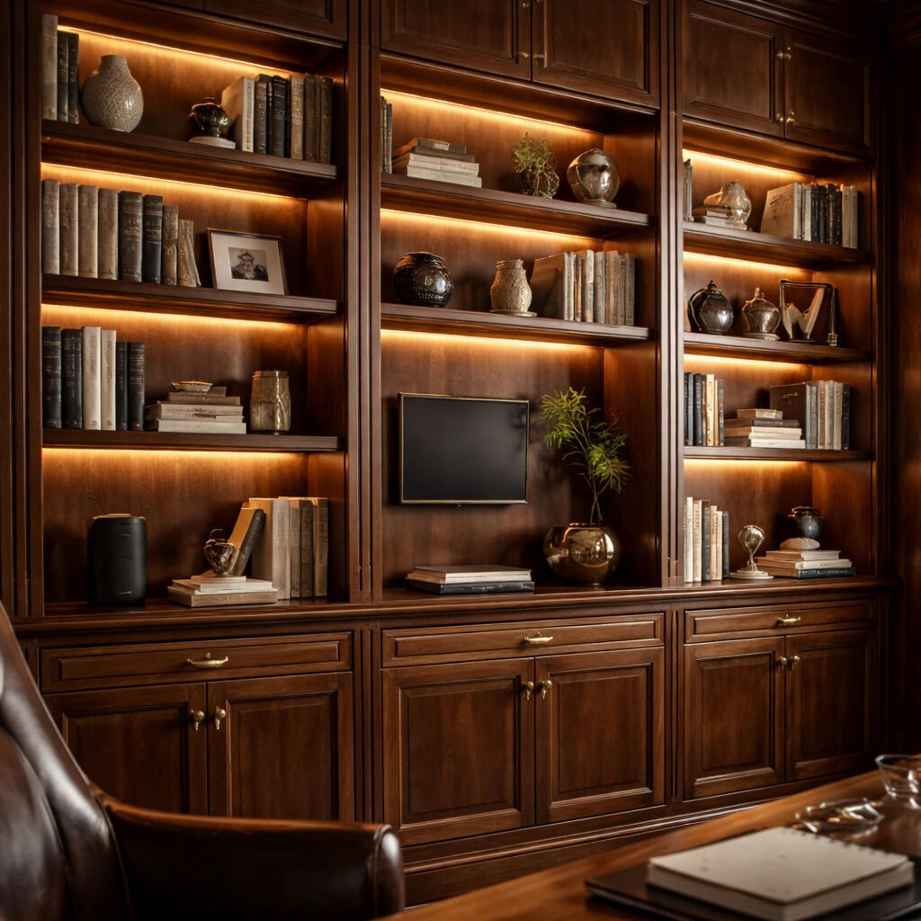 Custom walnut library wall with built in shelves, brass hardware and LED lighting in Winter Park home study